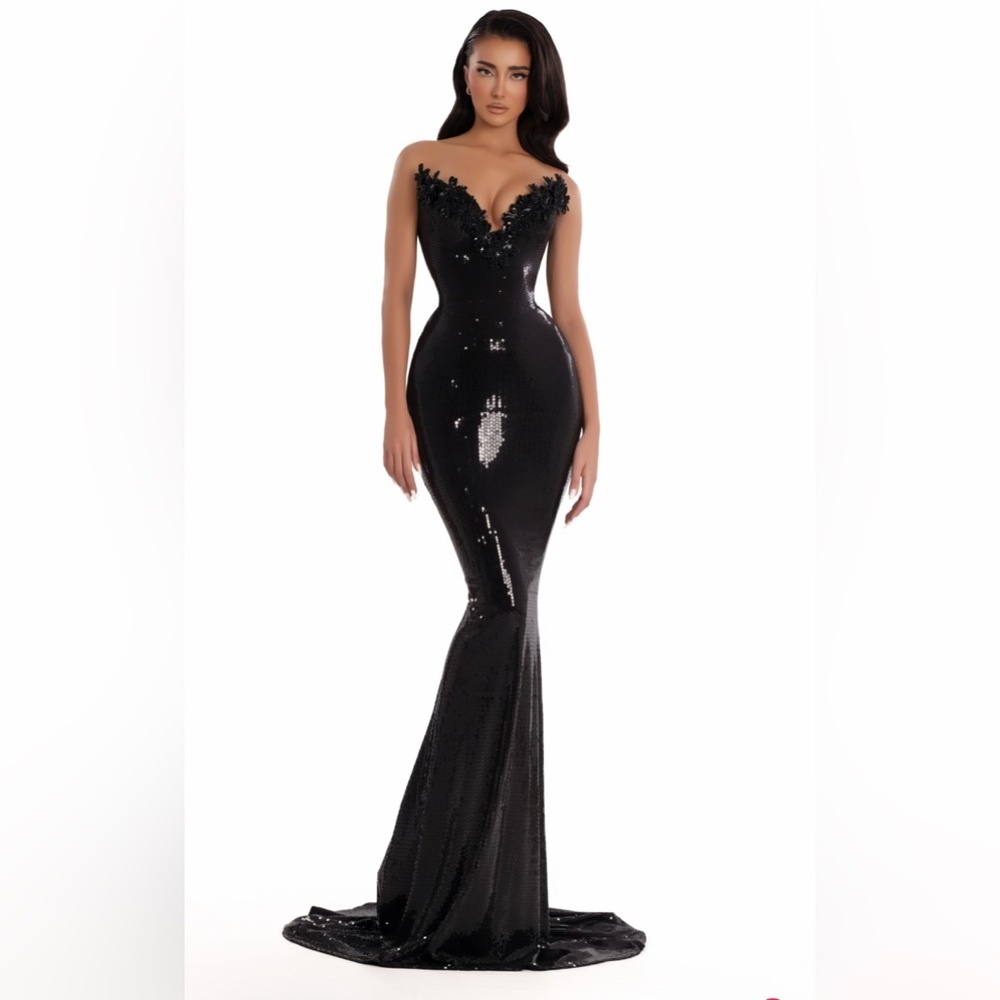 Albina Dyla Black Sequin Plunge Neck Gown